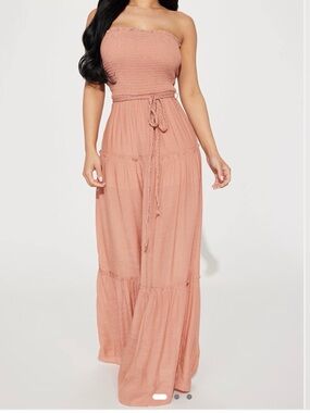 Fashion Nova Smocked Strapless Maxi Jumpsuit in Terracotta